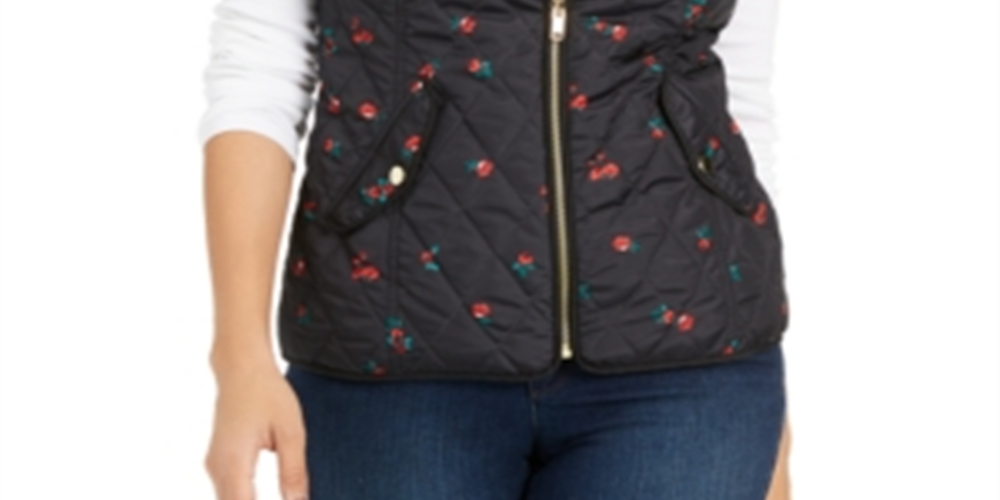 Colete feminino acolchoado com zíper e estampa floral Charter Club, preto, floral, tamanho pequeno G