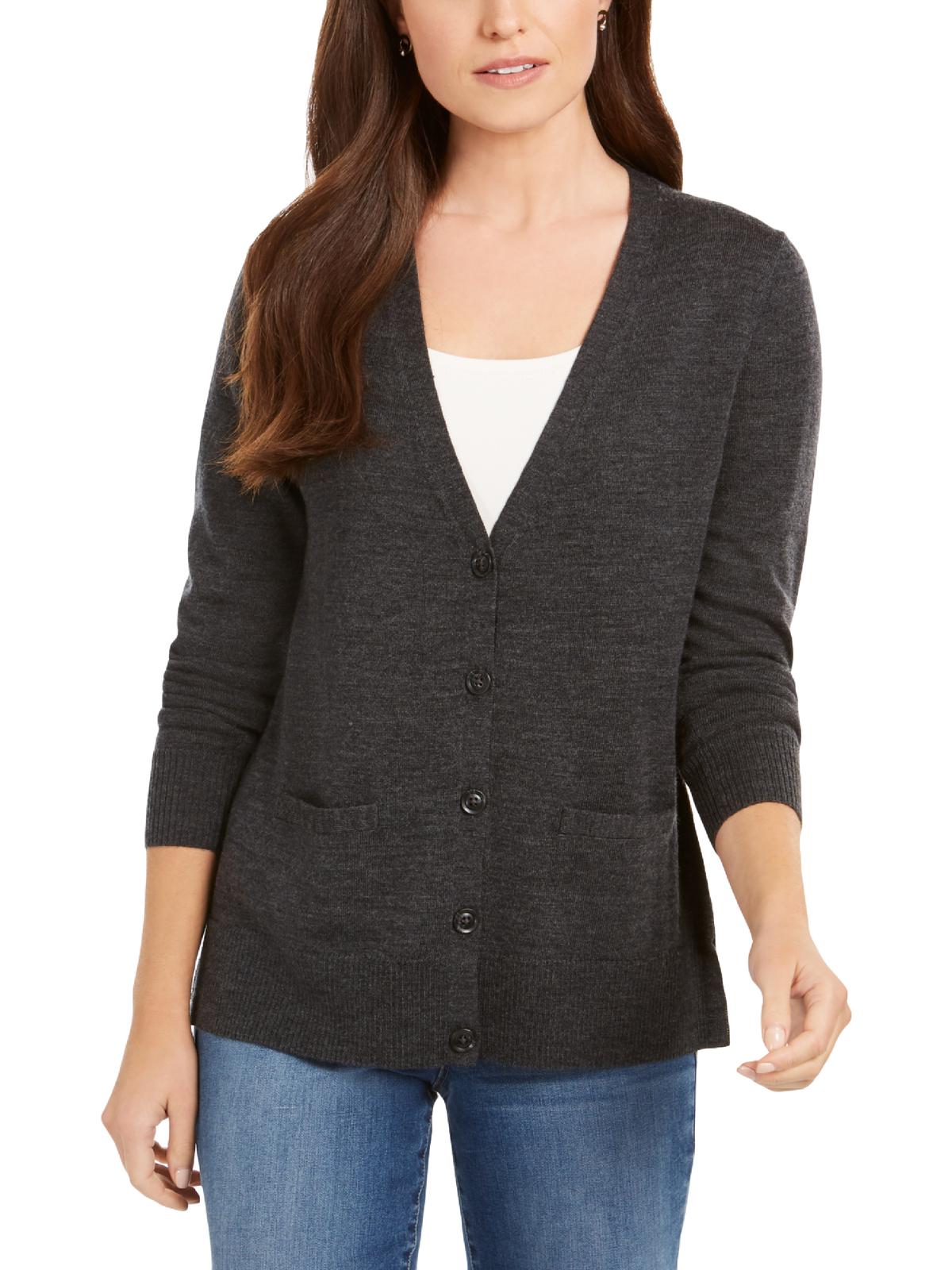 Cardigan feminino de lã merino com decote em V, cinza, tamanho médio