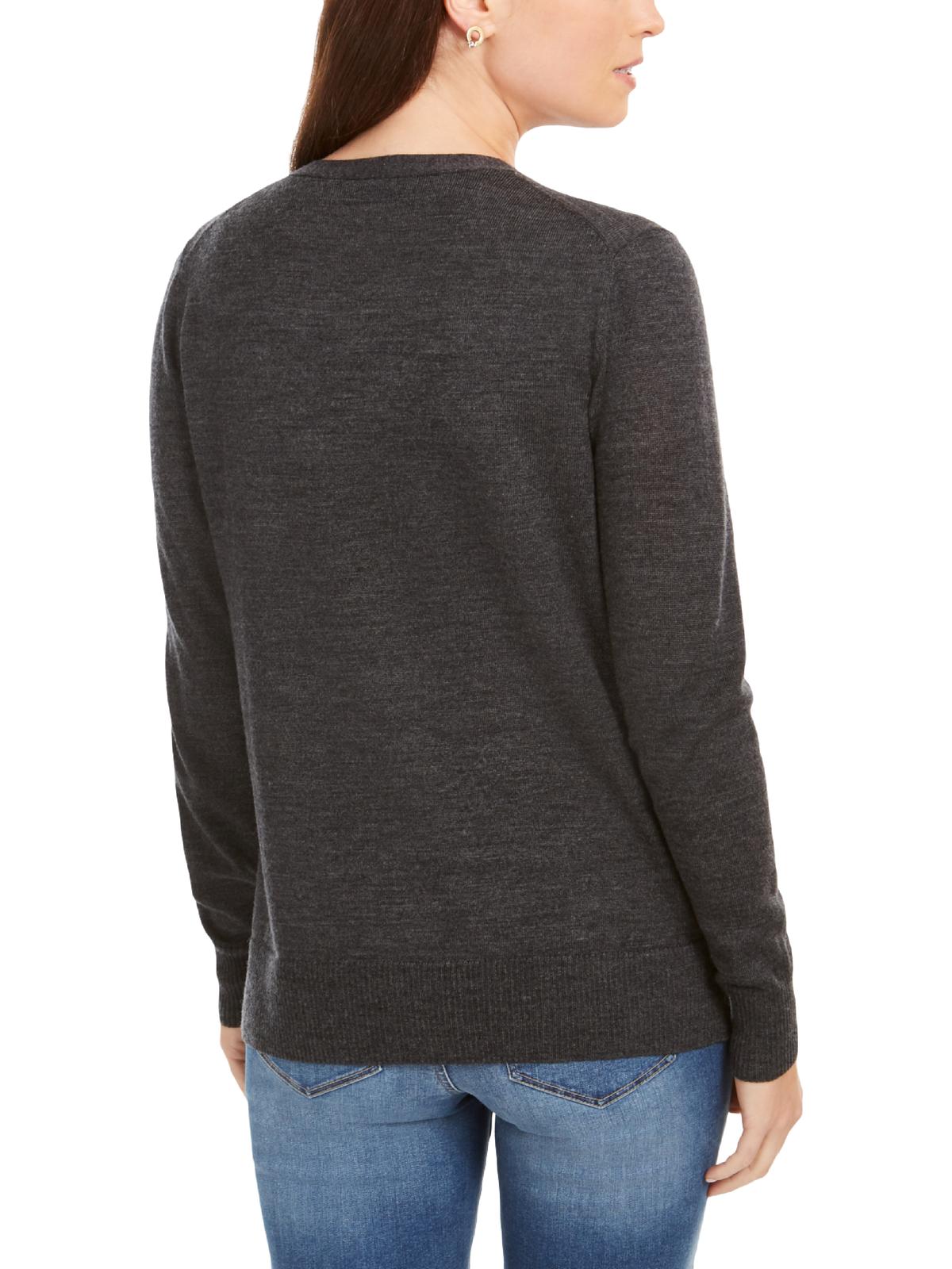 Cardigan feminino de lã merino com decote em V, cinza, tamanho médio