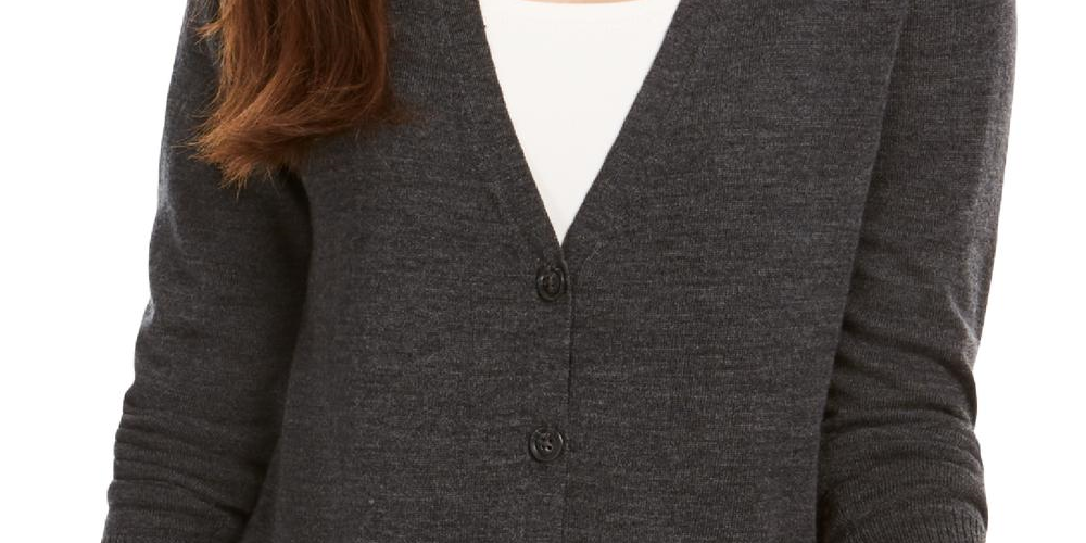 Cardigan feminino de lã merino com decote em V, cinza, tamanho médio