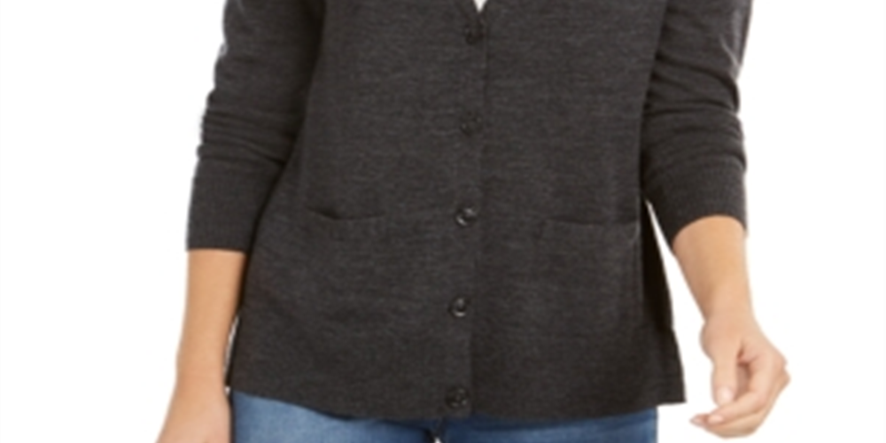 Cardigan feminino de lã merino com decote em V, cinza, tamanho médio