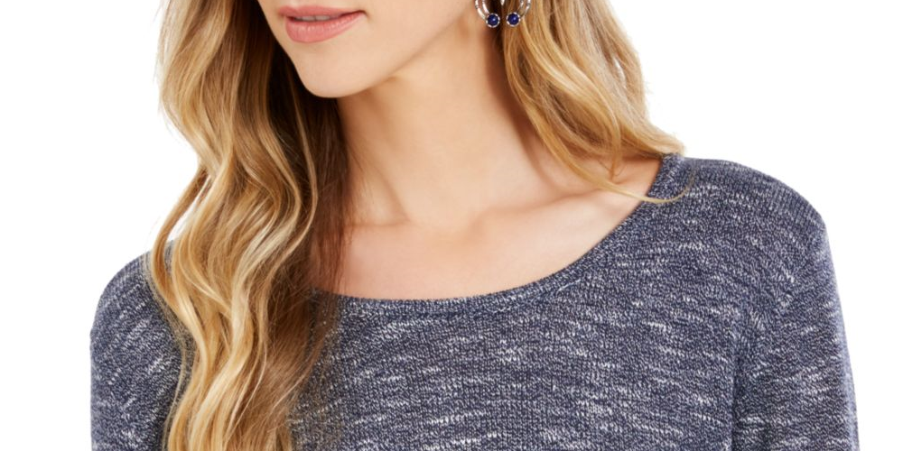 Suéter feminino de manga comprida e gola redonda estilo &amp; co, azul, tamanho pequeno grande