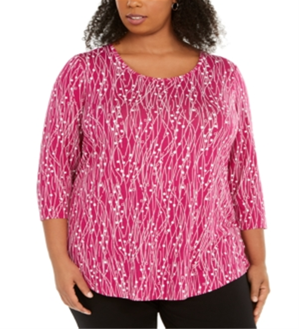 JM Collection Top feminino estampado com decote redondo plus size rosa 0X