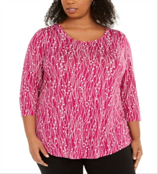 JM Collection Top feminino estampado com decote redondo plus size rosa 0X