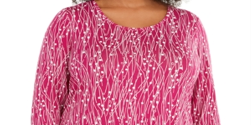 JM Collection Top feminino estampado com decote redondo plus size rosa 0X