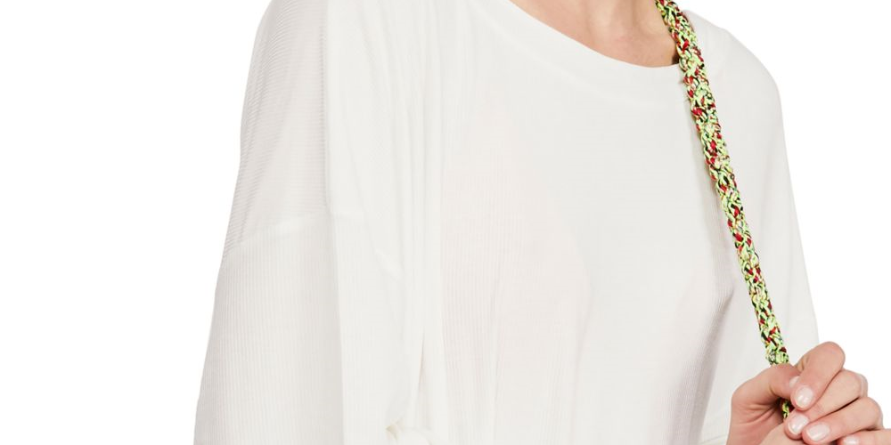 Blusa feminina de manga comprida com decote em V, branca, tamanho médio