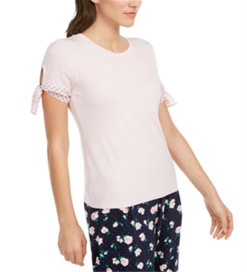 Suéter feminino Maison Jules com fenda e manga curta, gola redonda, rosa, tamanho grande