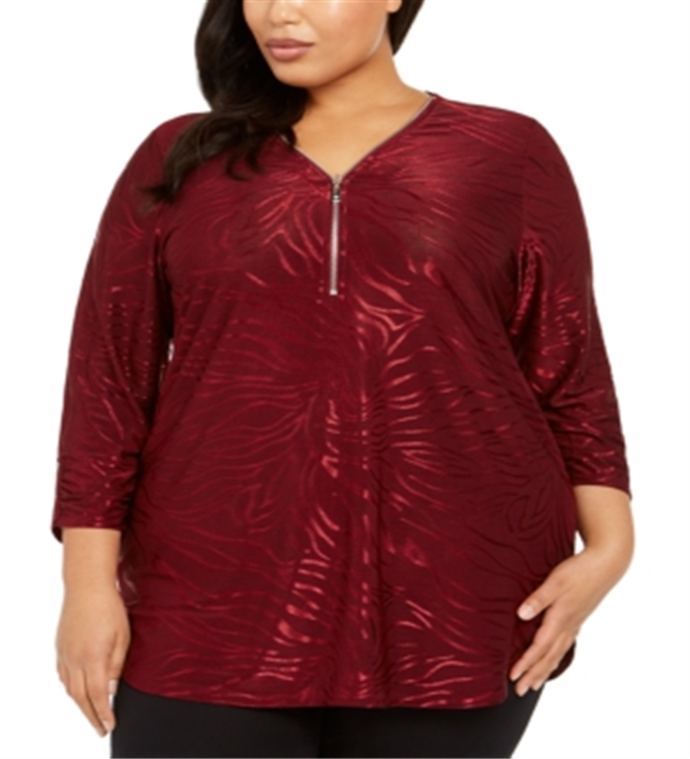 JM Collection Top feminino plus size metálico com estampa animal e zíper, vermelho, tamanho 3X