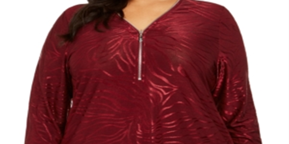 JM Collection Top feminino plus size metálico com estampa animal e zíper, vermelho, tamanho 3X