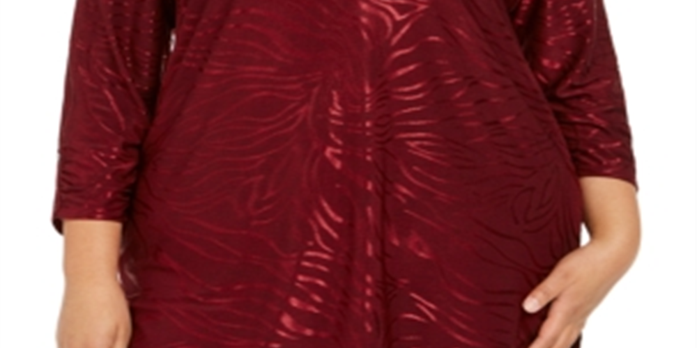JM Collection Top feminino plus size metálico com estampa animal e zíper, vermelho, tamanho 3X