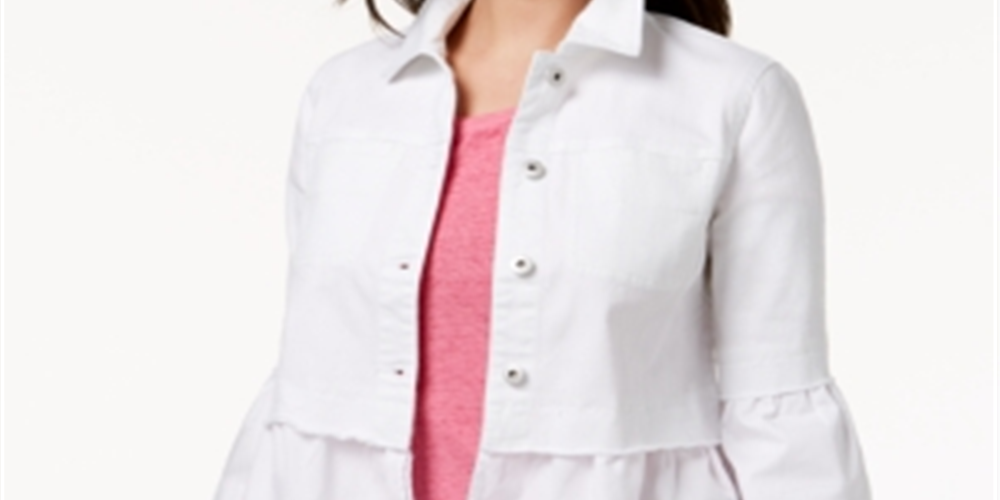 Jaqueta jeans feminina com babados Style &amp; Co, branca, tamanho XX-G