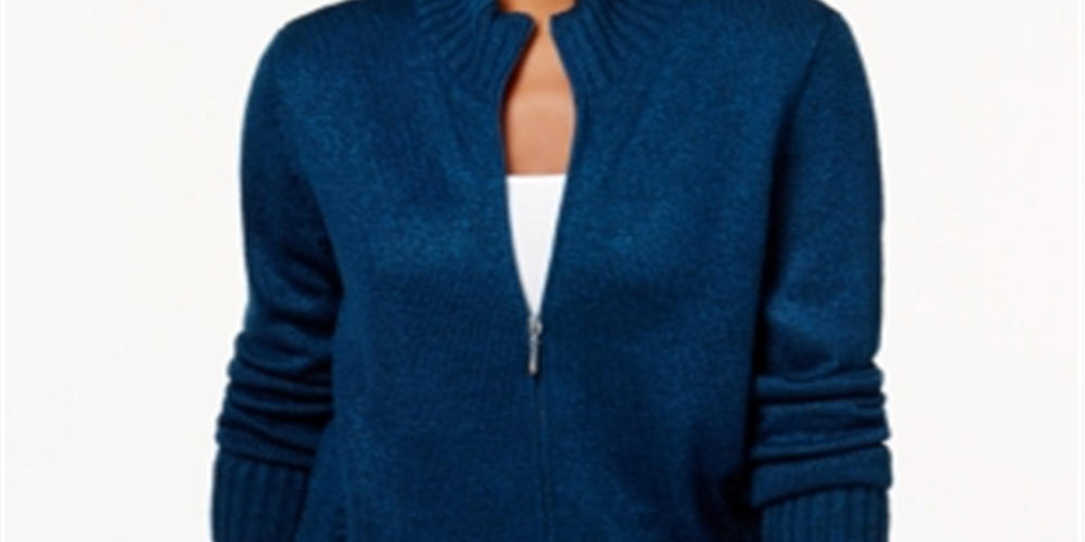 Karen Scott Cardigan Feminino com Zíper Frontal Azul Tamanho Grande