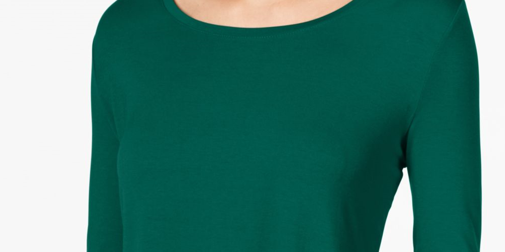 Camiseta feminina JM Collection com manga 3/4 e decote redondo, verde, tamanho médio