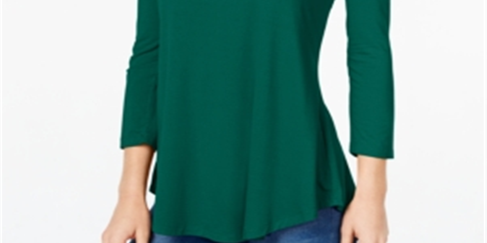 Camiseta feminina JM Collection com manga 3/4 e decote redondo, verde, tamanho médio