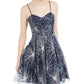 Vestido curto feminino Blondie Nites com lantejoulas, zíper, alças finas, decote coração, corte evasê, azul, tamanho 5