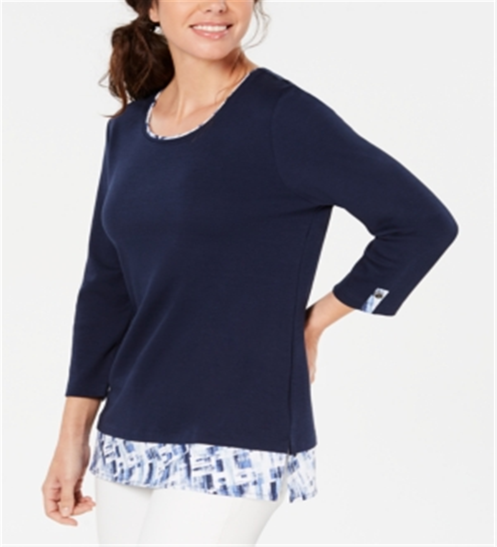 Blusa feminina Karen Scott com estampa em camadas, lisa e xadrez, azul, tamanho XX-G