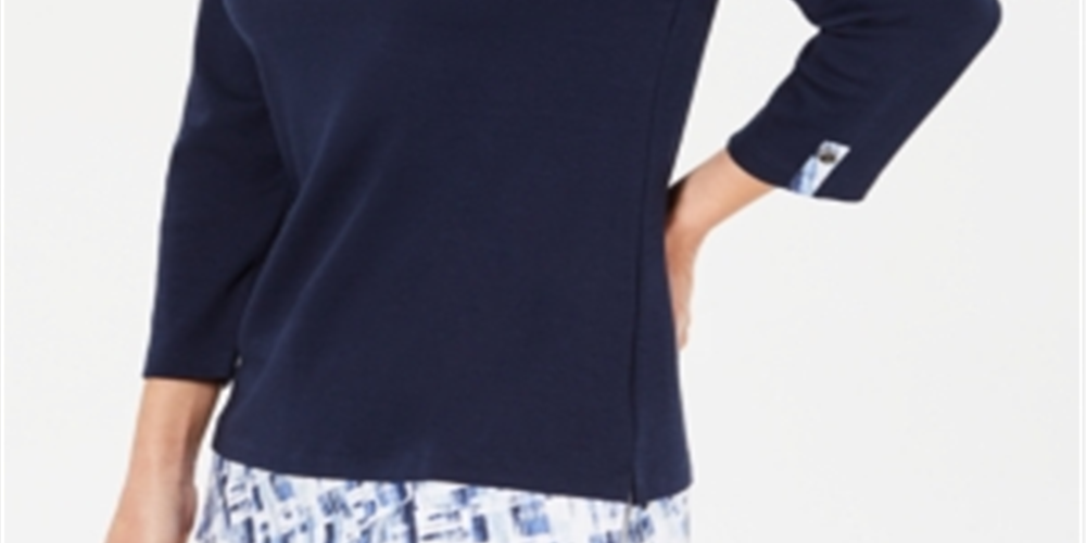 Blusa feminina Karen Scott com estampa em camadas, lisa e xadrez, azul, tamanho XX-G