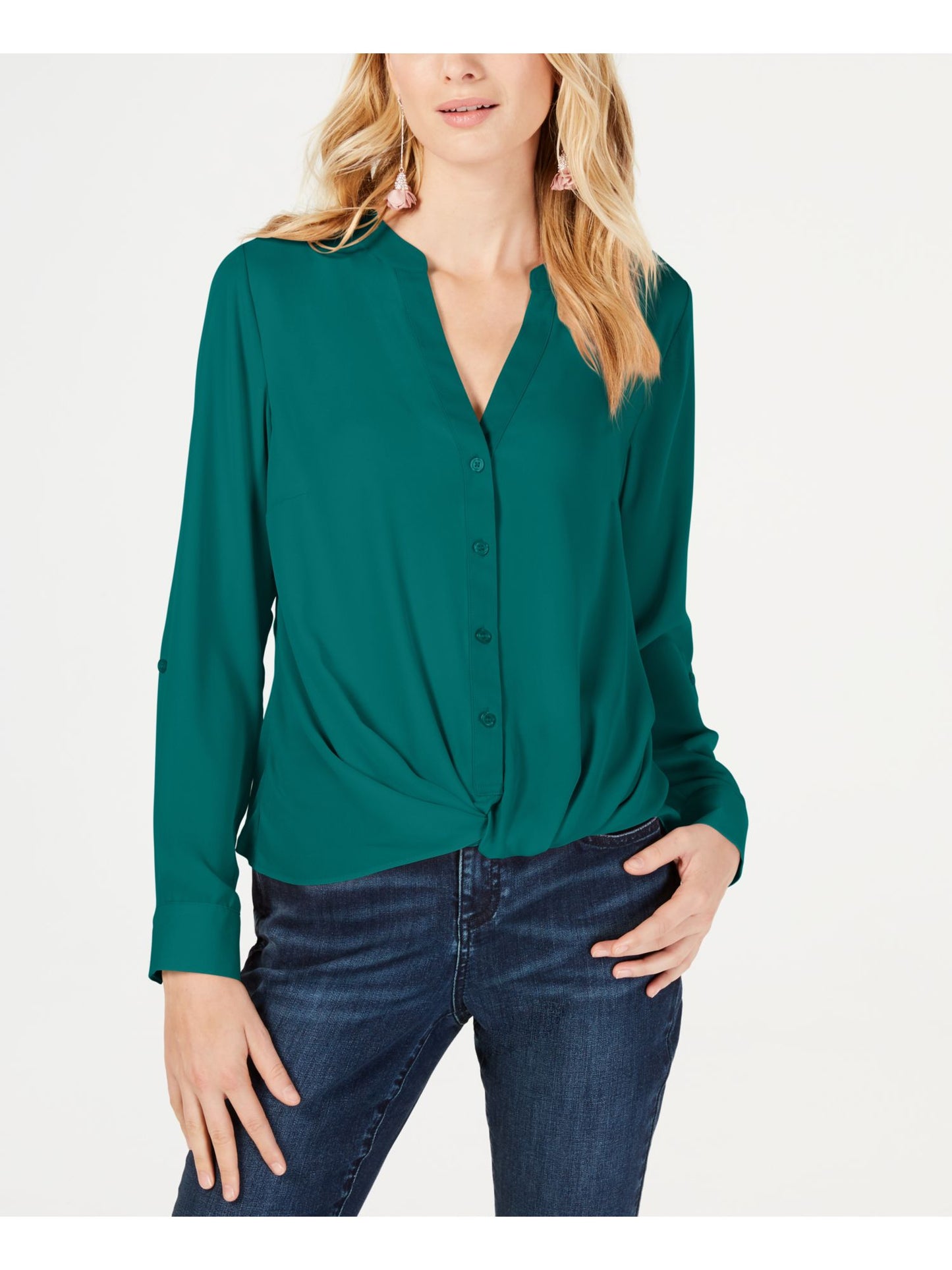 Blusa feminina com botões e frente torcida da INC International Concepts, verde, tamanho pequeno G
