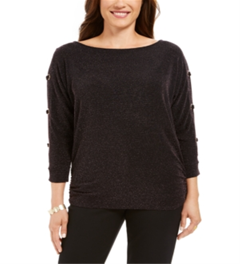 JM Collection Top Feminino Metálico com Manga Dividida e Fio Roxo Tamanho Grande