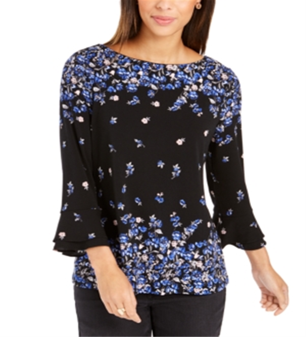 Charter Club Blusa feminina com babados e punhos, azul, tamanho pequeno e pequeno