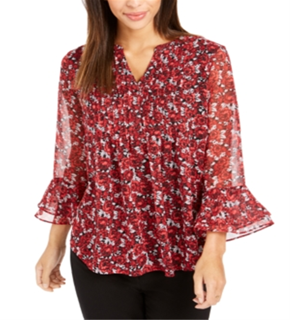 Blusa feminina Charter Club com estampa floral e manga sino, vermelha, tamanho pequeno, extragrande
