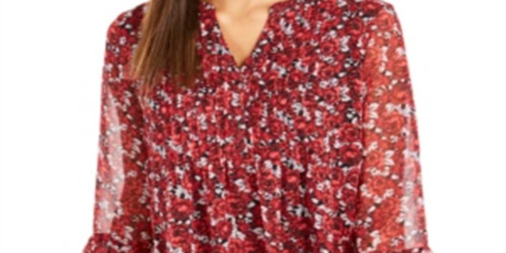 Blusa feminina Charter Club com estampa floral e manga sino, vermelha, tamanho pequeno, extragrande