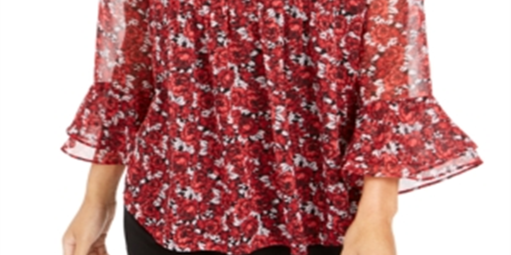 Blusa feminina Charter Club com estampa floral e manga sino, vermelha, tamanho pequeno, extragrande