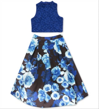 Speechless Big Girl's 2 Pc Lace Top & Floral Print Skirt Set Blue Size 14