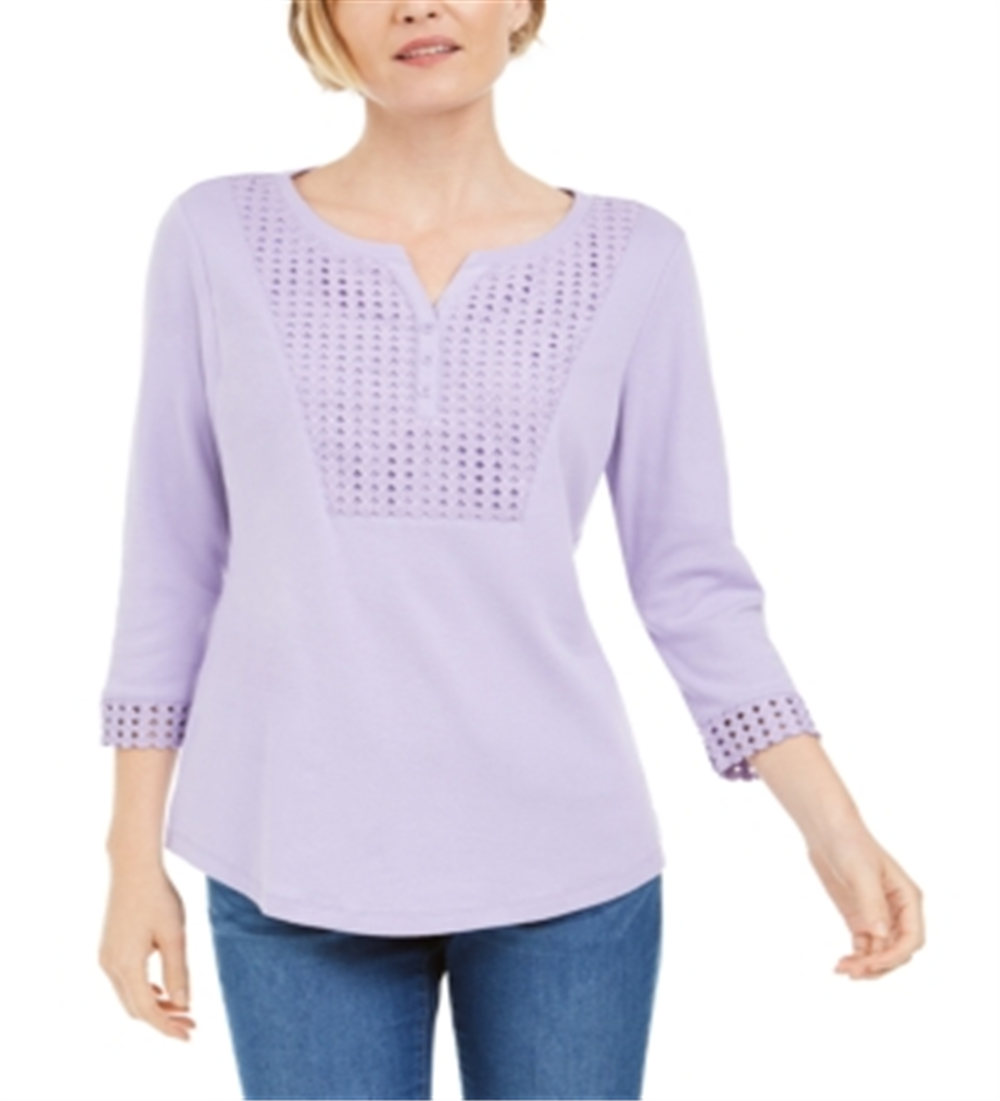Karen Scott Top Henley Feminino Crochê com Acabamento Roxo Tamanho P