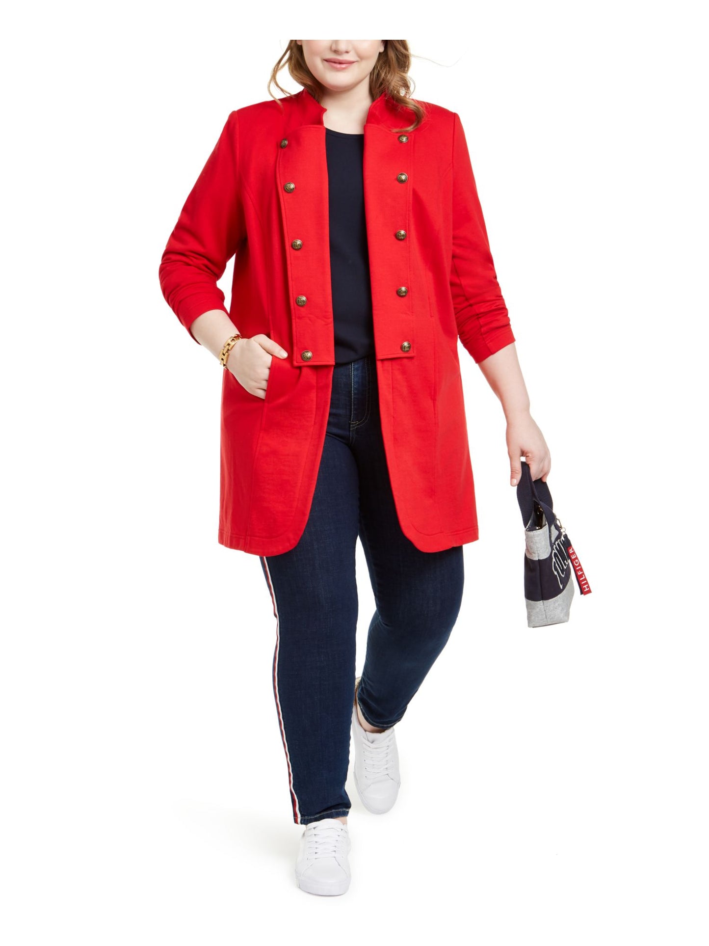 Jaqueta militar feminina Tommy Hilfiger Plus com abotoamento duplo MIDI vermelha, tamanho 2X