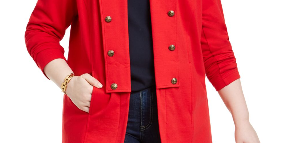 Jaqueta militar feminina Tommy Hilfiger Plus com abotoamento duplo MIDI vermelha, tamanho 2X