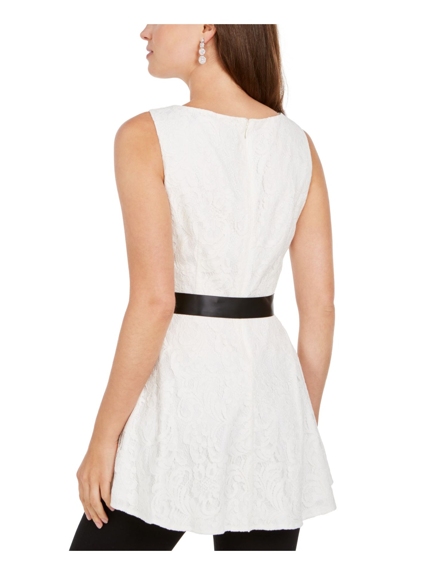 Adrianna Papell Blusa feminina peplum sem mangas com decote em joia e renda, branca, tamanho 14