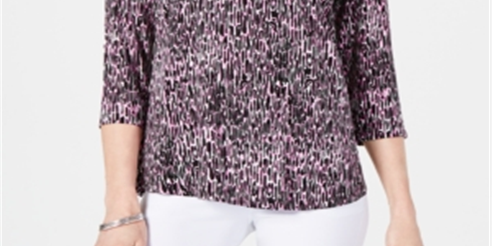 JM Collection Blusa feminina estampada com manga 3/4 roxa tamanho pequeno GG