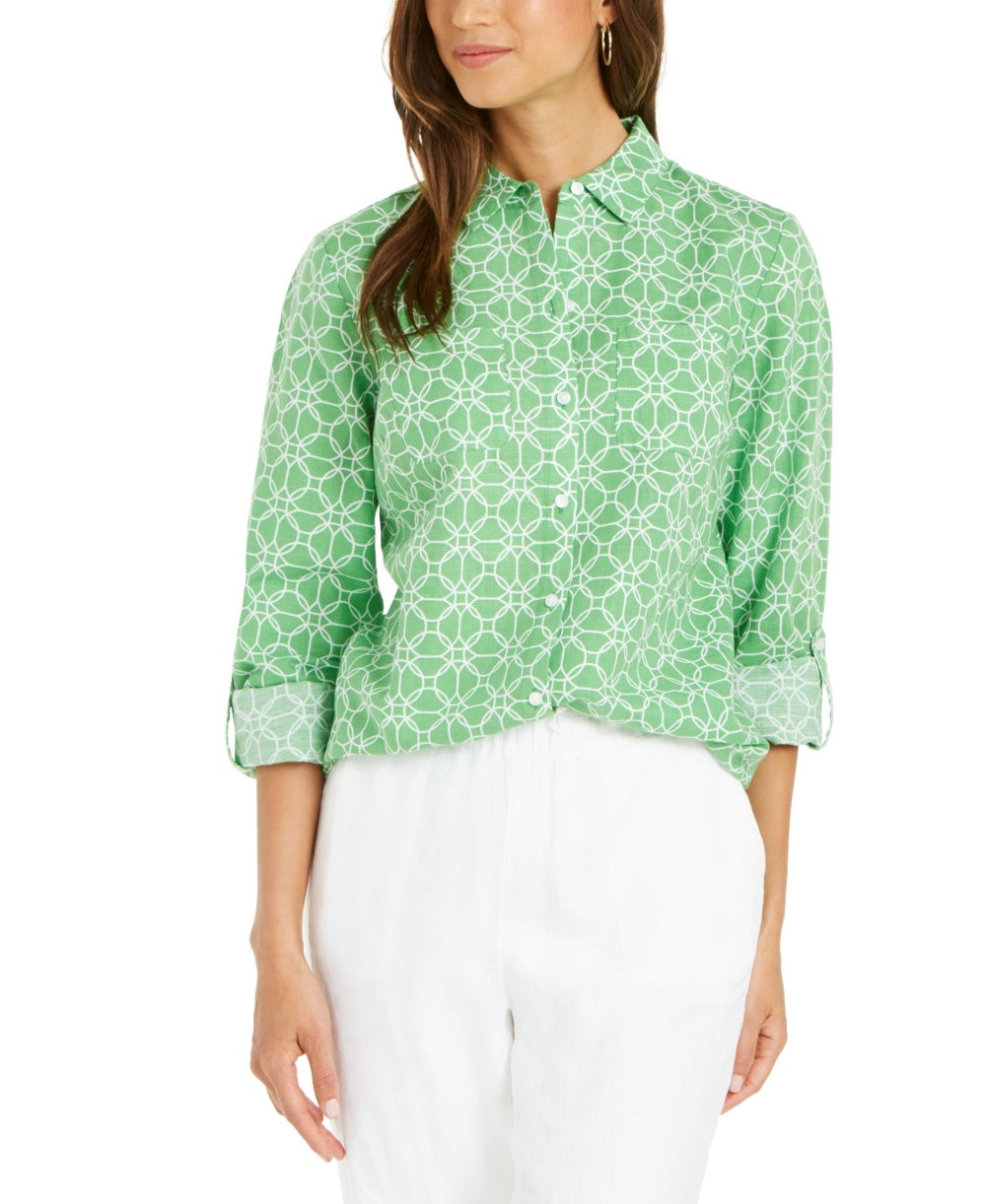Camisa feminina Charter Club com mangas curtas e estampadas, verde, tamanho pequeno