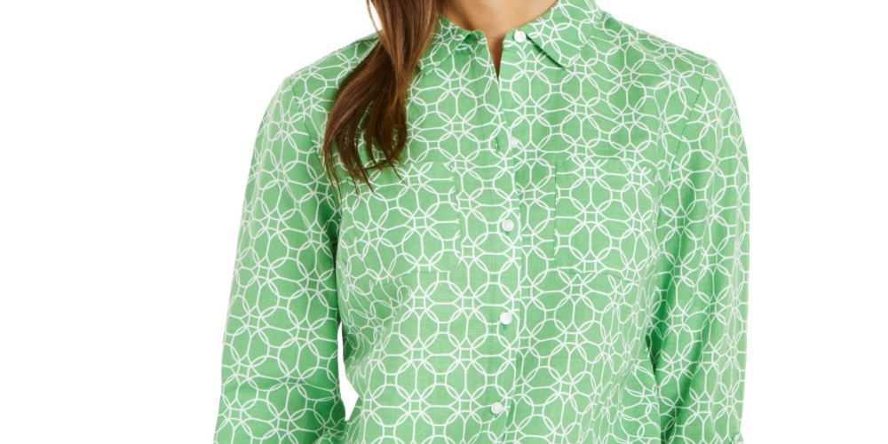 Camisa feminina Charter Club com mangas curtas e estampadas, verde, tamanho pequeno