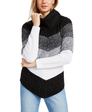 BCX Junior's  Chevron Stripe Turtleneck Sweater White Size X-Small