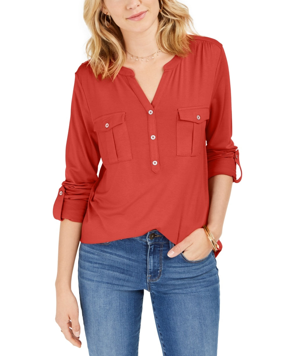 Blusa feminina estilo &amp; co com decote aberto e mangas bufantes, vermelha, tamanho pequeno
