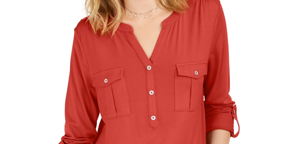 Blusa feminina estilo &amp; co com decote aberto e mangas bufantes, vermelha, tamanho pequeno