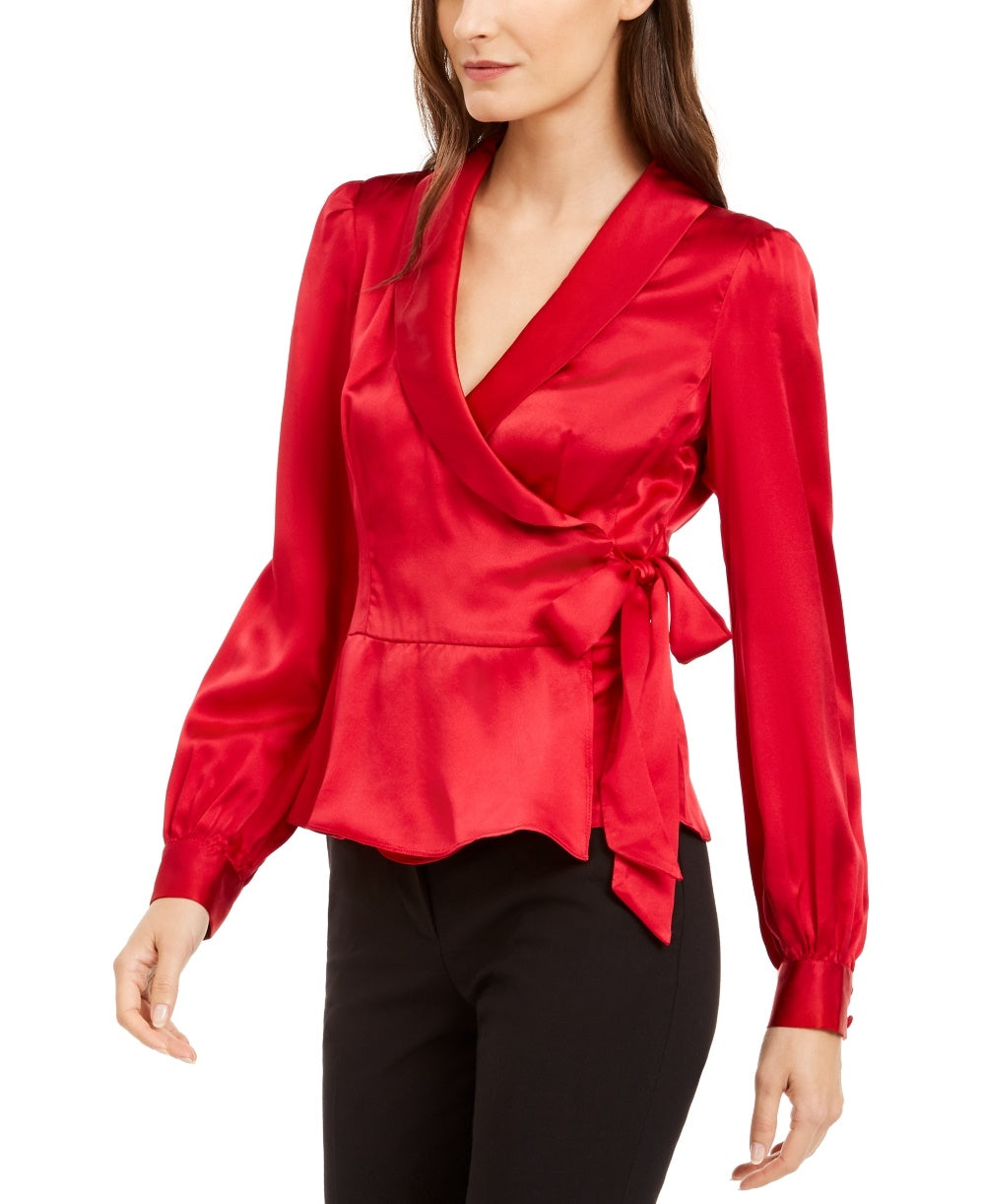 Nanette Lepore Blusa Peplum Feminina de Seda Wrap Vermelho Brilhante Tamanho 8