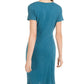 Vestido tubinho feminino Ultra Flirt azul-petróleo com babados, manga curta, decote em joia, acima do joelho, tamanho médio