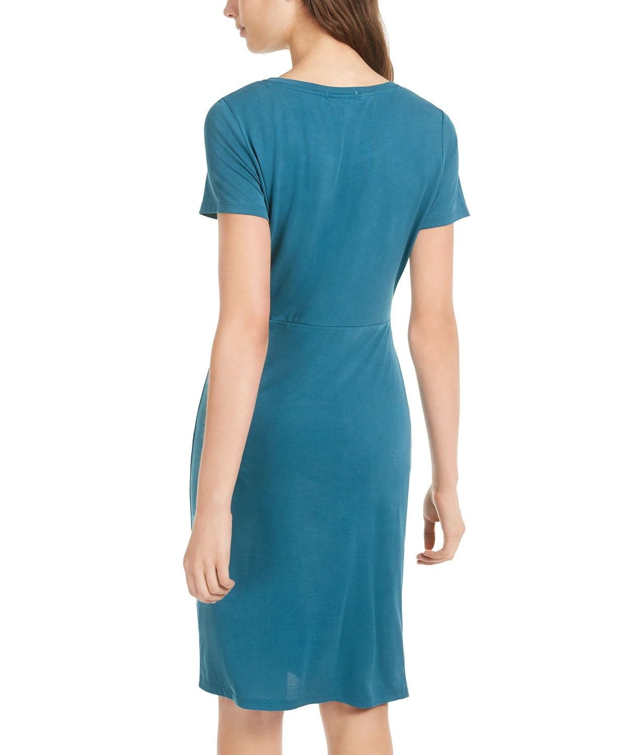 Vestido tubinho feminino Ultra Flirt azul-petróleo com babados, manga curta, decote em joia, acima do joelho, tamanho médio