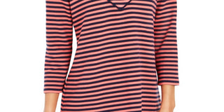 Charter Club Women's Striped 3/4-Sleeve Top  Red Size Medium