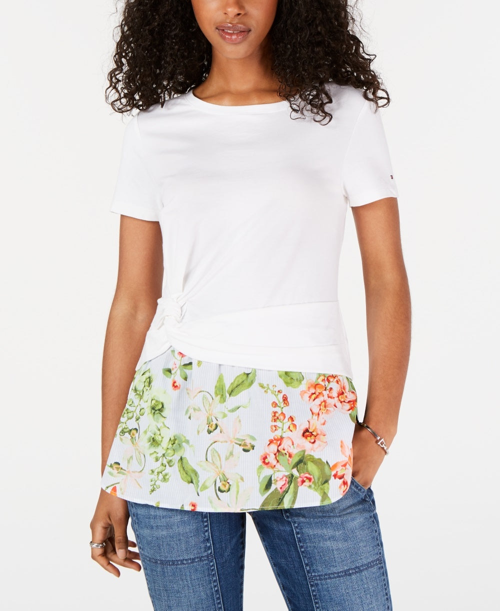 Tommy Hilfiger Blusa Feminina com Barra Torcida e Acabamento em Camadas, Branca, Tamanho XG