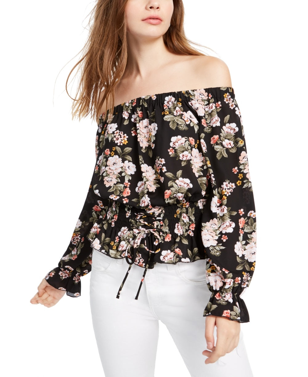 Blusa ombro a ombro franzida Ultra Flirt Juniors, preta, tamanho pequeno