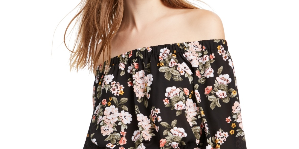 Blusa ombro a ombro franzida Ultra Flirt Juniors, preta, tamanho pequeno