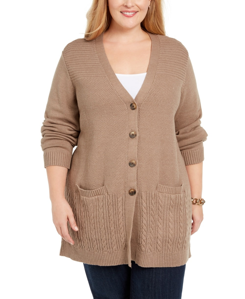 Karen Scott Suéter Cardigan Feminino Plus Size em Malha Canelada Marrom -0X