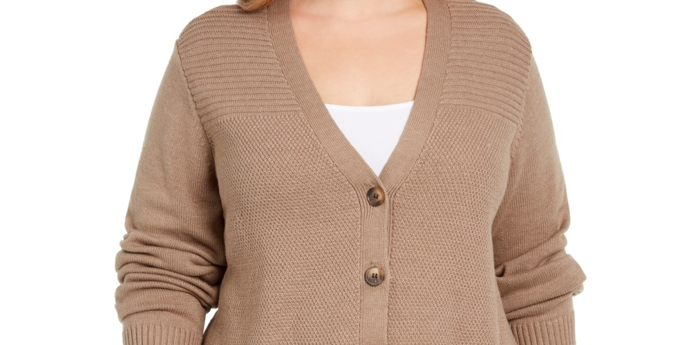 Karen Scott Suéter Cardigan Feminino Plus Size em Malha Canelada Marrom -0X