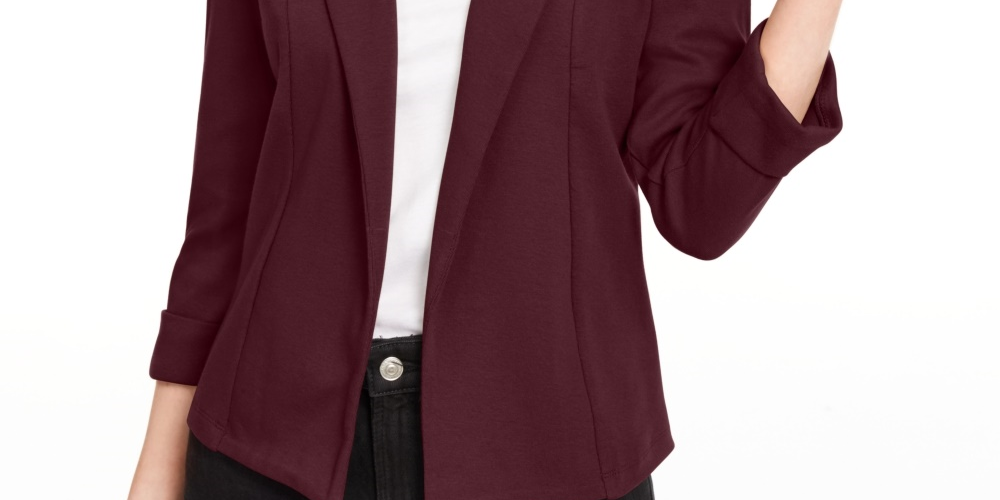 Blazer de malha feminino Maison Jules com manga 3/4, vinho, tamanho extrapequeno
