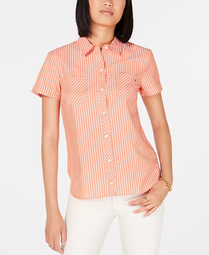 Camisa de acampamento listrada de algodão Tommy Hilfiger laranja tamanho X-S