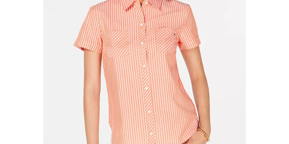 Camisa de acampamento listrada de algodão Tommy Hilfiger laranja tamanho X-S